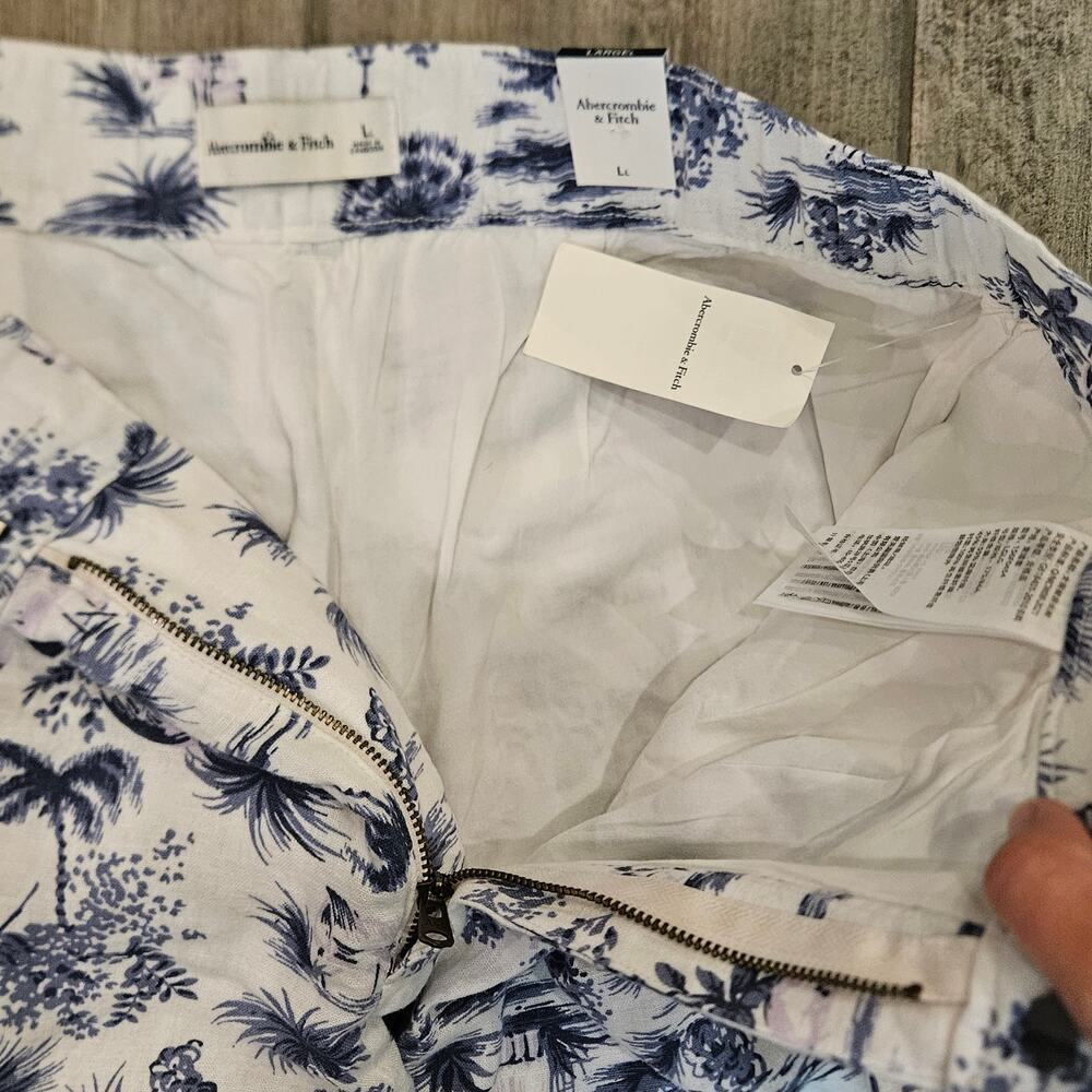 Abercrombie & Fitch Linen Blend Pants Women L Long NEW Blue White Print Wide Leg - Picture 14 of 14